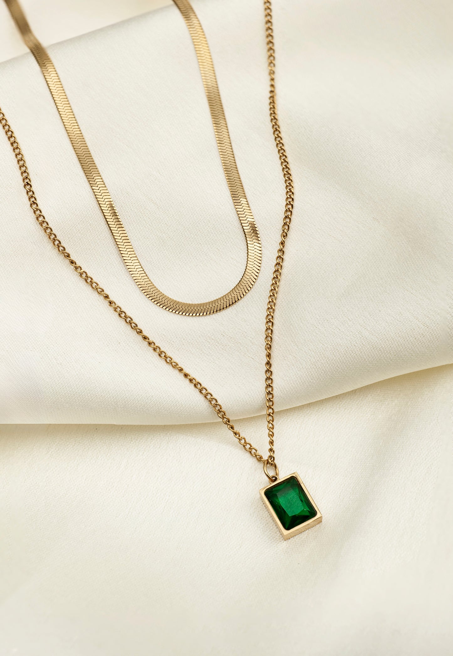 EMERALD CHARM DOUBLE CHAIN NECKLACE