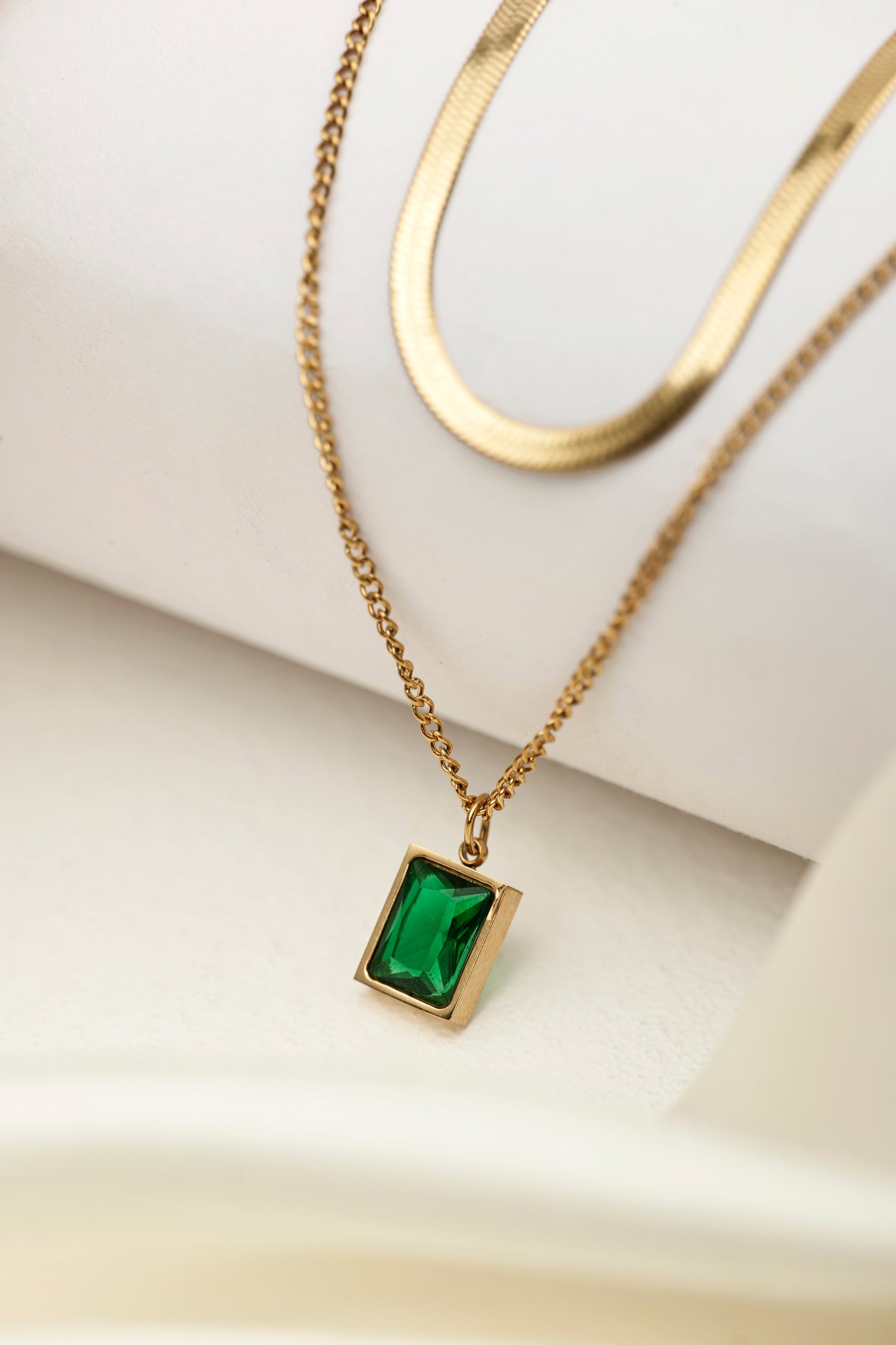 EMERALD CHARM DOUBLE CHAIN NECKLACE