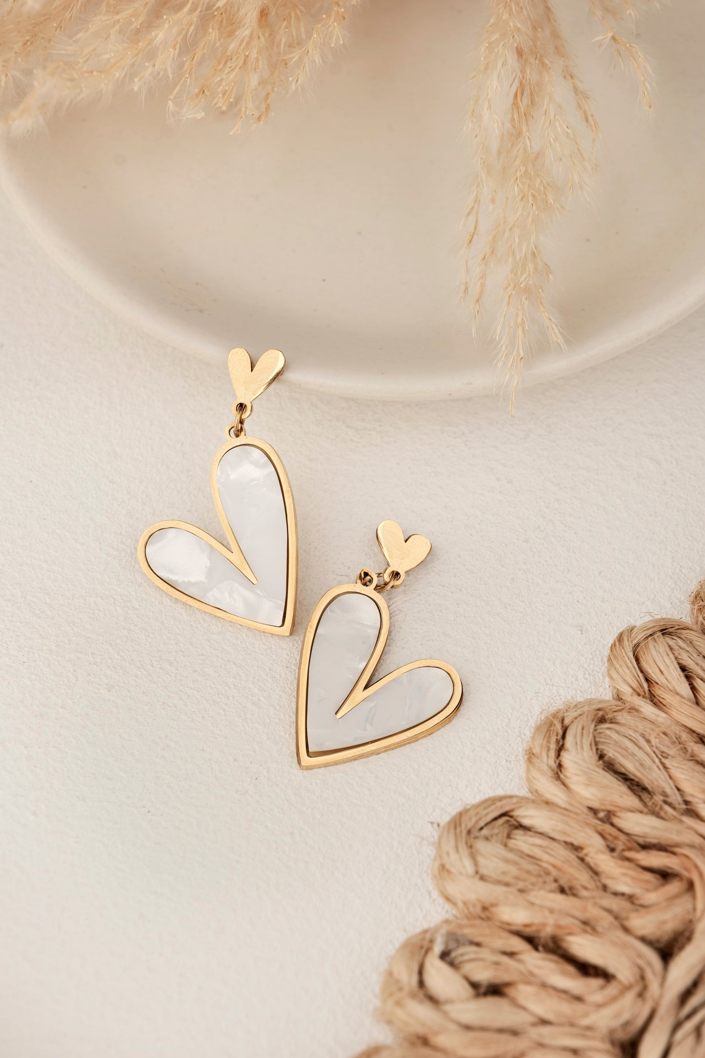 WHITE HEART MOTHER OF PEARL DROP EARRINGS